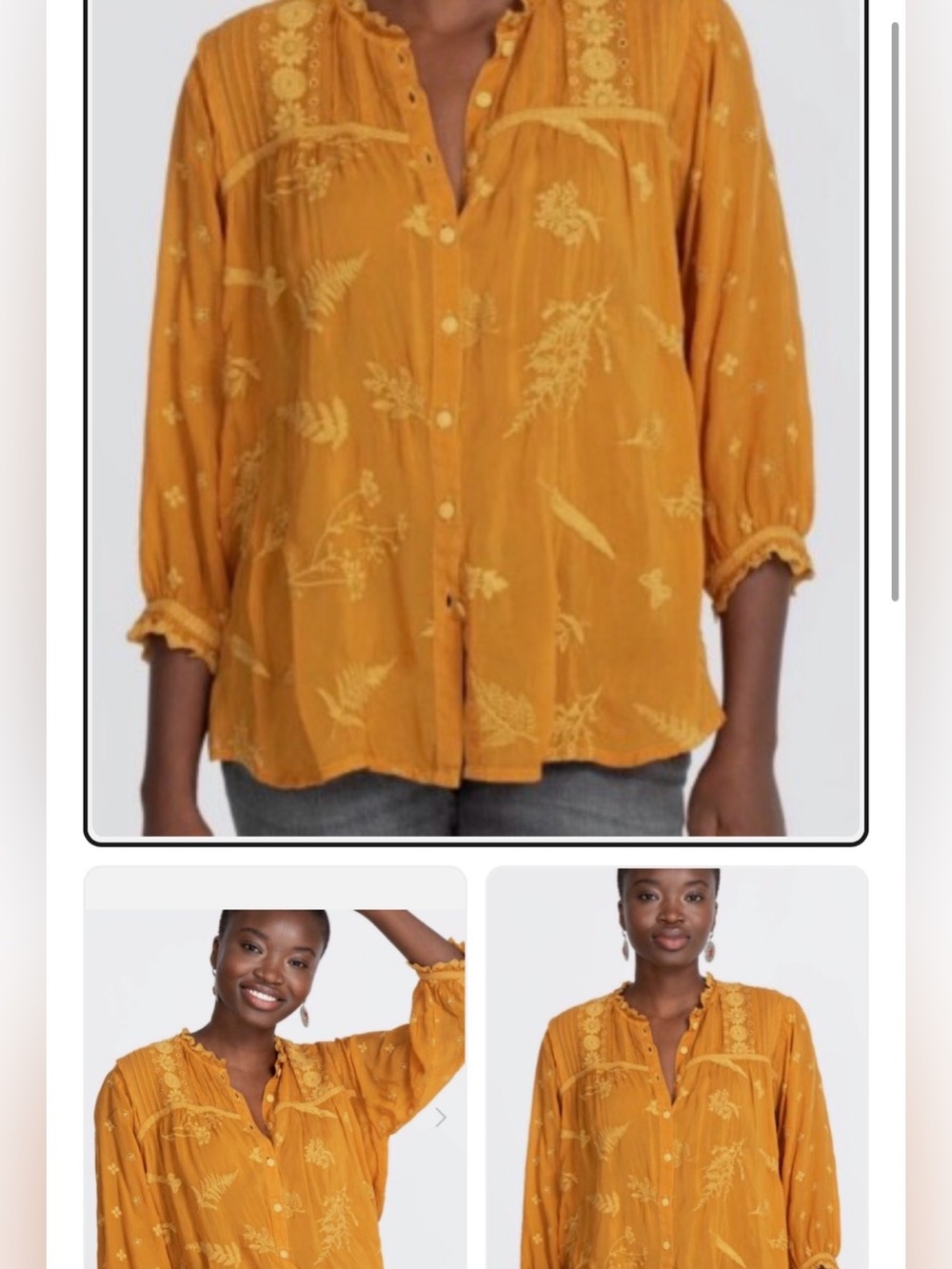 JOHNNY WAS FERN LILLY Mustard Yellow Embroidered Button-Front Women's Top